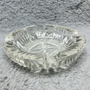Cut Glass Crystal Ashtray Vintage Mid Century Modern 5.75" Wide Cigar Slots